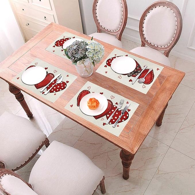 Valentine's Place mats Set of 4,12x18 Inches Red Love Heart Valentine's Decor Placemats Rectangle Mother's Day Wedding Anniversary Decoration Table Mats for Party Home Kitchen Dining Table