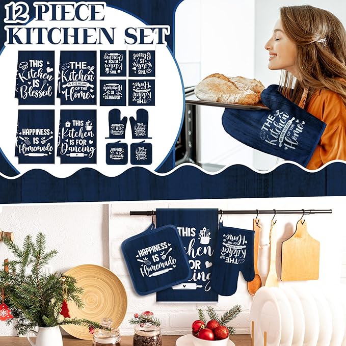 12 Pcs Farmhouse Kitchen Decor Sets 4 Blue Kitchen Hand Towels 4 Dish Clothes 2 Navy Blue Pot Holders 2 Rustic Oven Mitts Glove Hand Towels and Dishcloths Sets for Home Decor Accessories Mom Gift