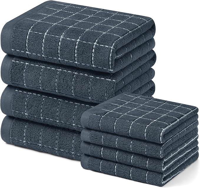 Homaxy Kitchen Towels and Dishcloths Set, 12 x 12 and 20 x 28 Inches, Set of 8 Bulk Cotton Terry Kitchen Towels Set, Checkered Designed, Soft and Super Absorbent Dish Towels, Dark Grey