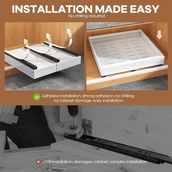 Seinloes 2Pack Expandable Pull Out Cabinet Organizer 21"Deep With Raising Pad for Framed Cabinets, Upgrade 3 Slide Rails Slide Out Drawers, Roll Out Shelves Adhesive,Adjustable Width 12.05"-20.4"White