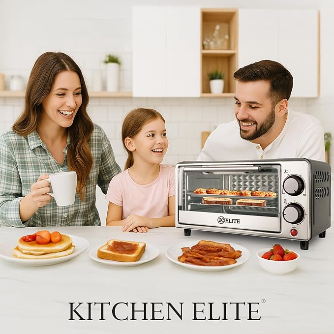 Kitchen Elite 4-Slice Toaster Oven, Compact Countertop Appliance with Bake Tray, Wire Rack, Adjustable Timer, and Temperature Control, Black