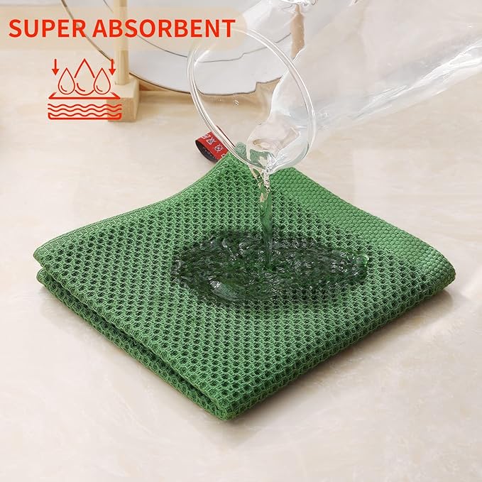 Kitinjoy 100% Cotton Kitchen Dish Cloths (12 X 12 Inches, Grass Green), 12 Pack Waffle Weave Ultra Soft Absorbent Dish Towels for Drying Dishes Quick Drying Kitchen Towels Dish Rags
