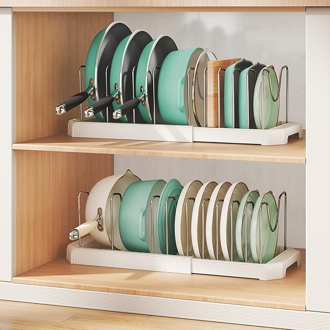 Pots and Pans Organizer for under Cabinet, Pan Pot Organizers inside Cabinet, Expandable Organizer with 10 Adjustable Dividers for Cookie Sheets, Cutting Boards, Pot Lids, Cookware - Frying Pan Rack