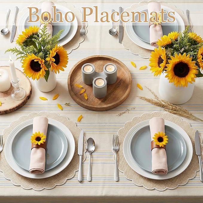 Set of 6 Round Placemats 15 Inch Cotton Scalloped Embroidery Placemat Washable Double Layered Rustic Dinner Table Mat Decor Fabric for Hotel Restaurant Kitchen (Beige/White,Classic)