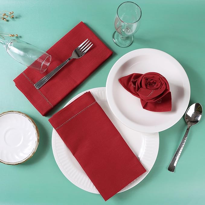 FINGERCRAFT Cloth Napkins, Hemstitch Napkins Cloth, 20x20 Inch Generous Golden Zari Picot Hem, Mitered Corner, Premium Quality Perfect for Parties Dinners Weddings Set of 12 Christmas Color Tango Red