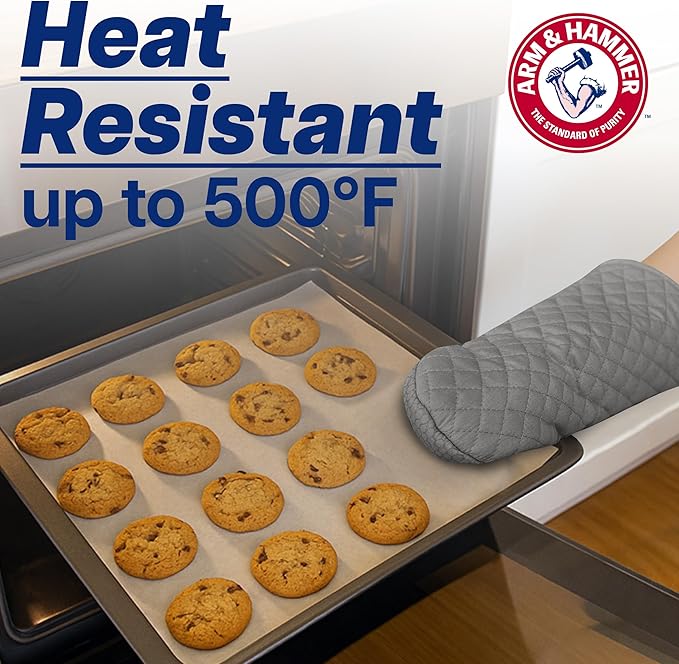 Arm & Hammer Quilted Oven Mitts, Heat Resistant, Non-Slip Silicone Grip, 2 Pack, Grey