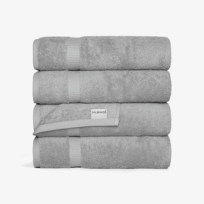 SALBAKOS 100% Turkish Cotton Bath Towel Set of 4, 27x54 inch | Premium Quality | Hotel & Spa Collection | Soft, Super Absorbent, Long Lasting Bath Towels | Made in Turkey (Silver, 4 Bath Towels)