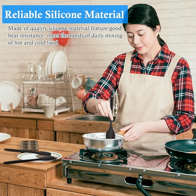 Shappy 4 Pieces Silicone Cooking Spoons 10.6 Inch Heat Resistant Kitchen Spoons for Mixing, Serving and Stirring Upgrade Large Non Stick Basting Utensils, Dishwasher Safe(Scrapers,Black)