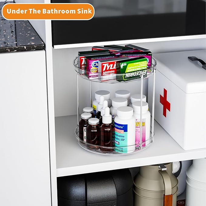 2 Pack 2 Tier Lazy Susan Spice Rack for Cabinet,Countertop and Pantry,9.5"W Small Rotating Turntable Organizer for Condiment,Pill Bottle,Vitamin,Medicine Cabinet Organizers and Kitchen Spice Organizer