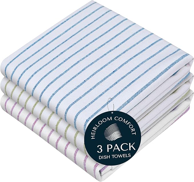 Multi Colors Kitchen Towels 3 Pack, 100% Cotton, Classic Striped Towel Set, Super Absorbent & Durable Dishcloths, Quick Drying for Drying Dishes - Turquiose Blue, Green, Lavender