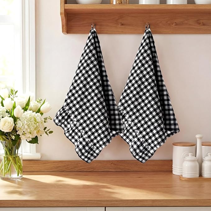 HunnmingRe Matte Black Kitchen Towels Set of 2, 100% Cotton Ruffled Gingham Dish Towels 18"x28" Absorbent Tea Cloths Classic Plaid Pattern for Farmhouse Charm, Drying Dishes, Entertaining Guests