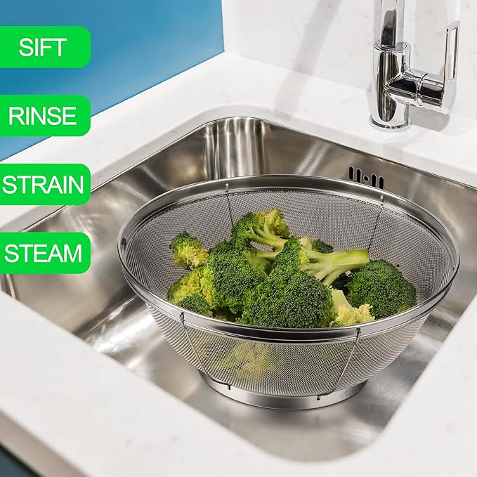 Tiawudi 5 Pack Strainers for Kitchen, 18/8 Stainless Steel Colander, Fine Mesh Strainer for Pasta, Rice and Fruit, Sieve for Strain, Drain, Rinse or Steam, Multi Size Sifter