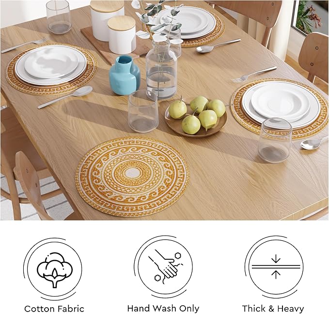 Encasa XO Dining Placemats Set of 4 | Cotton Round Table Mat - 13 in Diameter | Mustard Mandala Print | Handmade Rib Style Chargers for Dinner Plates