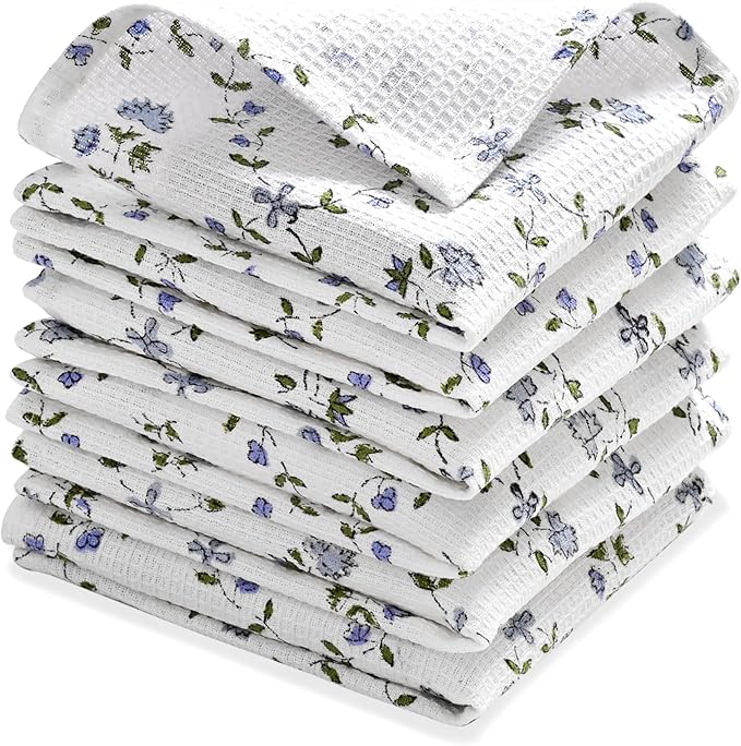 Ridhi Powder Blue Hand Block Print Cotton Waffle Dish Cloth Set of 6-12x12 Inch Super Absorbent, Soft, Reusable Kitchen Towels for Dish Drying Cleaning, Ideal for Spring, Easter, Valentine