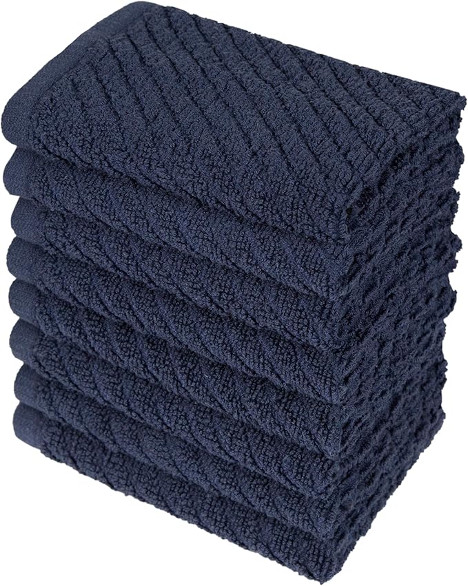 Bumble Towels Premium Kitchen Dish Cloths (12" x 12") | 8 Pack | Diagonal Deluxe Dish Cloth | High Absorbent Tea Towels Set | Navy Blue
