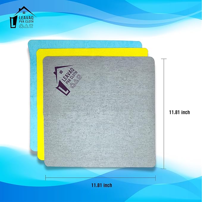 Leavaq PVA Microfiber Cleaning Cloth 3-Pack — Streak-Free Shammy Towel, Super Absorbent Chamois Cloth for Kitchen, Glass, Mirror, Bathroom | No Chemicals Needed | Reusable 12"x12"