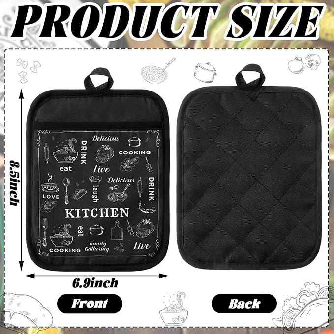 8 Pcs Pot Holders with Pocket Farmhouse Black and White Kitchen Decoration Kitchen Quotes Heat Resistant Potholders Hot Pad Oven Mitts Cookie Bag Oven Gloves for Home Decorations Baking Cooking Gifts