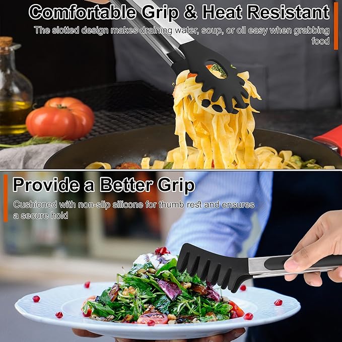 4 PCS Kitchen Tongs with Silicone Tips, 9 & 12-Inch Heat Resistant Silicone Tongs for Cooking Stainless Steel Spaghetti Tong Pasta Tong for Serving Food, Spaghetti, Pasta, BBQ, Salad (4PCS)