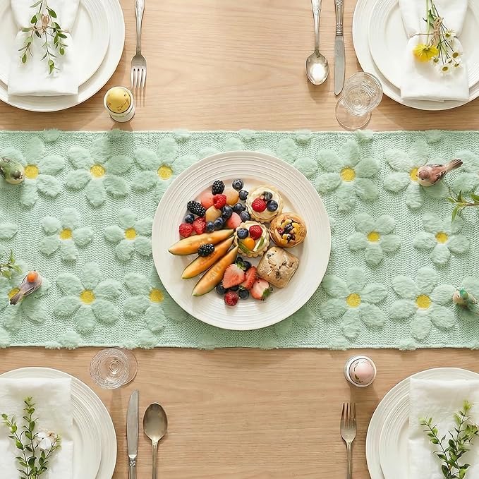 Artoid Mode Green Soft Plush Faux Fur Jacquard Embroidery Daisy Spring Table Runner, Kitchen Dining Table Decoration for Home Party Decor 13x60 Inch