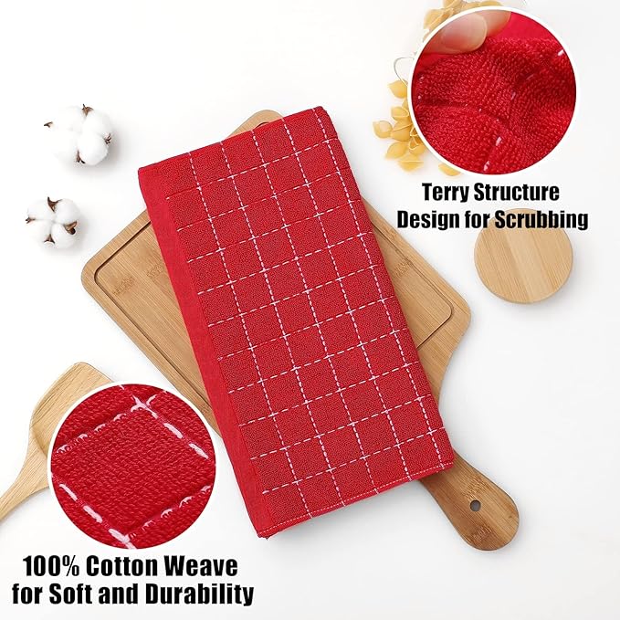 Homaxy 100% Cotton Terry Kitchen Dish Cloths, Ultra Soft and Absorbent Dish Towels for Kitchen, Suitable for Drying and Washing Dishes, 4 Pack, 12 x 12 Inches, Red