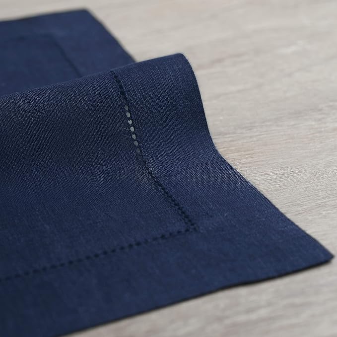 Solino Home Navy Blue Linen Napkins Set of 4-100% Pure Linen Hemstitch Dinner Napkins 20 x 20 Inch for Mothers Day, Memorial Day - Classic Hemstitch