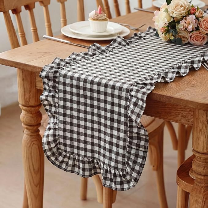 HunnmingRe 1 Pcs Dark Brown Plaid Gingham Ruffle Table Runner 118 x 13.8'' Farmhouse Table Runner 100% Cotton Scalloped Long Dresser Scarves for Dining Room, Wedding, Kitchen Rustic Home Decor
