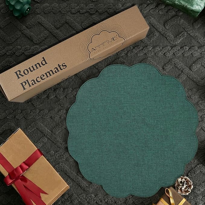 AHHFSMEI Round Faux Linen Placemats Set of 4 Heat Resistant Non-Slip Stain Proof Table Mats for Kitchen Dining Elegant Decor Place Mats (Forest Green,4)
