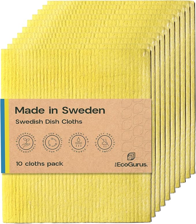 10 Pack Odour-Resistant Reusable Cleaning Cloths | Original Swedish Dishcloth | Made in Sweden | Suitable for All Surfaces | Biodegradable Cellulose Sponge | Kitchen & Bathroom | Yellow