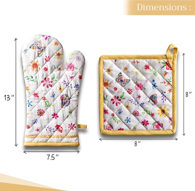 Maison d' Hermine 100% Cotton Oven Mitt & Pot Holder Set (7.5"x13" & 8"x8") Heat Resistant BBQ Cooking Gloves with Loop Kitchen Gifts for Mothers Day Spring/Summer (Happy Florals - Sweety)