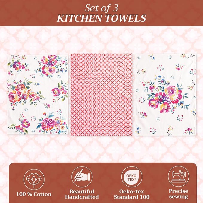 Maison d' Hermine Kitchen Towels Set of 3 100% Cotton 27.50" x 20" Reusable Cloth Tea Dish Towels Absorbent with Hanging Loop for Kitchen Gifts for Mothers Day Spring/Summer (Rose Garden)