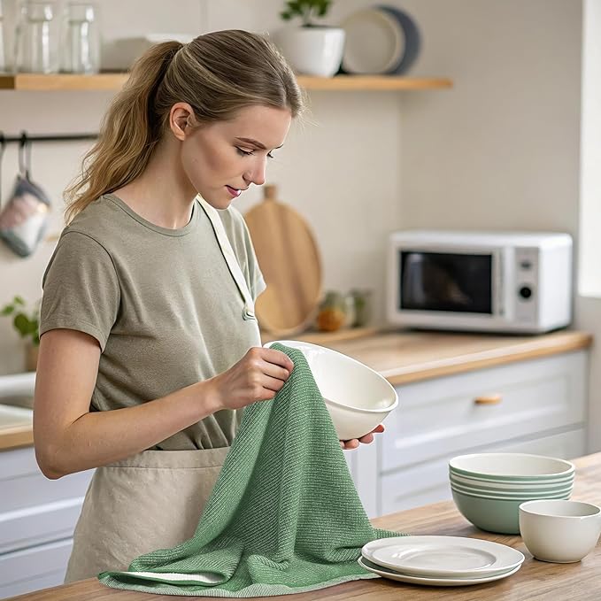 Mordimy Premium Kitchen Towels 8 Pack (18 x 28 Inches, Grass Green), Large Cotton Kitchen Hand Towel, Flat & Terry Dish Towels for Drying Dishes, Super Absorbent Tea Dishtowels Set with Hanging Loop