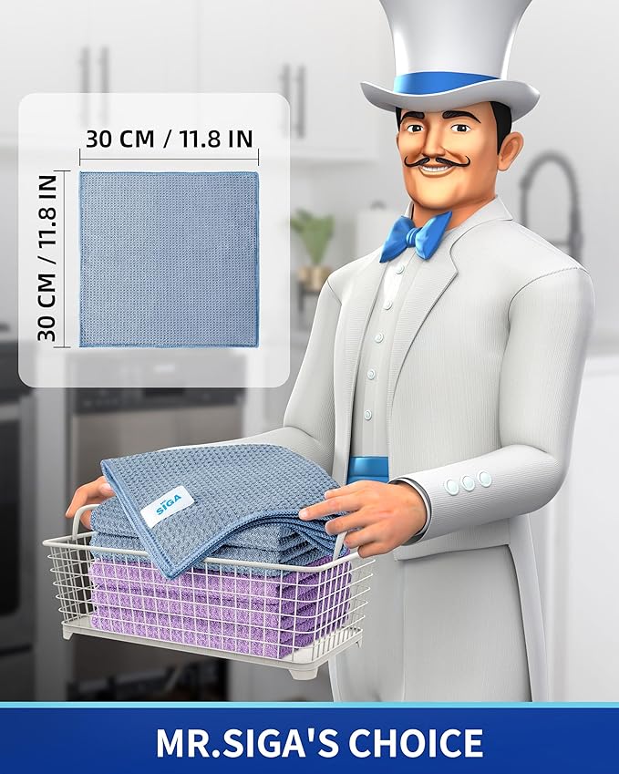 MR.SIGA Waffle Pattern Cleaning Cloths, Reusable Absorbent Microfiber Cleaning Cloths, Lint Free Microfiber Kitchen Towels, 6 Pack, Grayish Blue, 11.8 x 11.8 inch