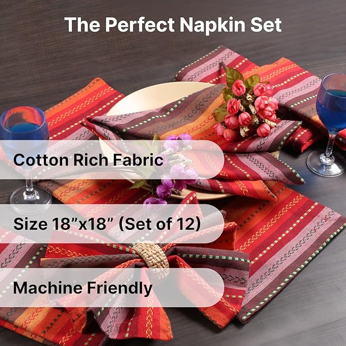 LFH Home Cotton Rich Cloth Salsa Napkin Set of 6 Valentine’s Day Romantic Red Washable Soft Durable Striped Table Napkins for Dining, Wedding, Daily Use, Reusable Eco-Friendly (18x18)