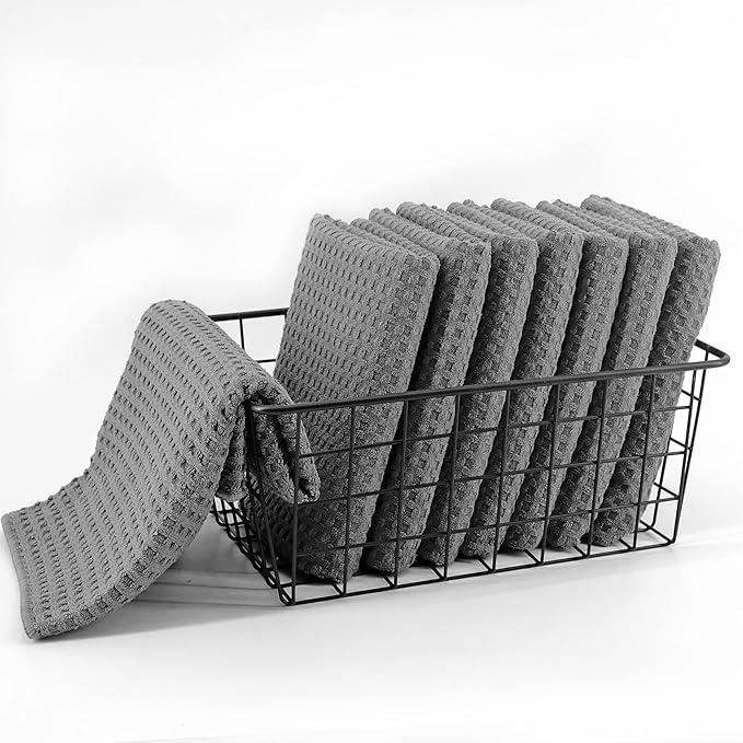 POLYTE Ultra Premium Microfiber Kitchen Dish Hand Towel Waffle Weave, 8 Pack (16x28 in, Gray)