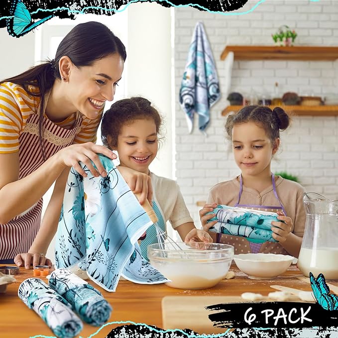 Breling Set of 6 Teal Daisy Kitchen Towel Vintage Themed Dish Towel Turquoise Bathroom Decorative Rustic Tea Cloths for Kitchen Bathroom Home Cooking Housewarming Gifts, 14 x 21 Inch