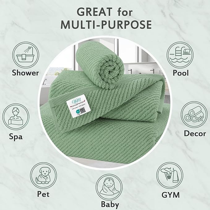 VOOVA & MOVAS Green Towels for Bathroom, 100% Cotton | Quick Dry | Soft | Thick, 3 Piece Towel Set, 1 Large Bath 30" x 56", 1 Hand 18" x 28", 1 Wash Cloth 13" x 13", Bathroom Essentials, Mint Green