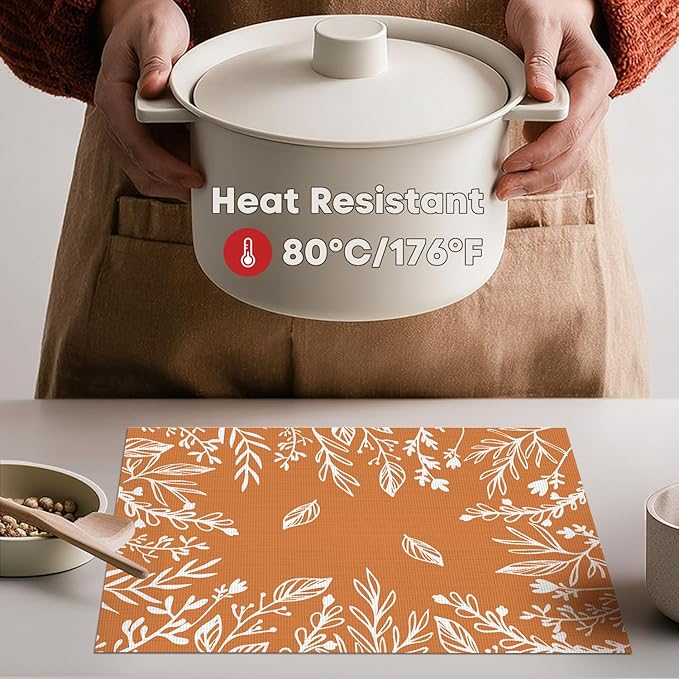 Artoid Mode Orange Weed Wild Flower Vinyl Plastic Placemats Set of 4, 12x18 Inch Woven Washable Non-Slip PVC Place Mats for Party Kitchen Dining Decor