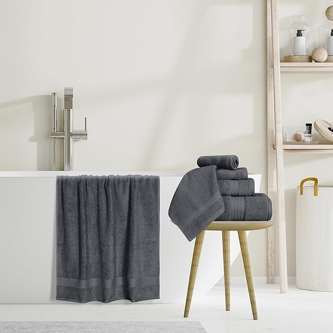 GLAMBURG Ultra Soft 8-Piece Towel Set - 100% Pure Ringspun Cotton, Contains 2 Oversized Bath Towels 27x54, Hand 16x28, 4 Wash Cloths 13x13 Ideal for Everyday use, Hotel & Spa -Charcoal Grey