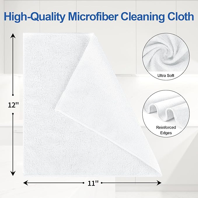 Microfiber Cleaning Cloth, 12 Pack White Cleaning Rags,12" X 11" Lint Free Dish Towels Wash Cloths, Reusable Microfiber Towels for Home and Kitchen Bathroom Apartment Cleaning Supplies
