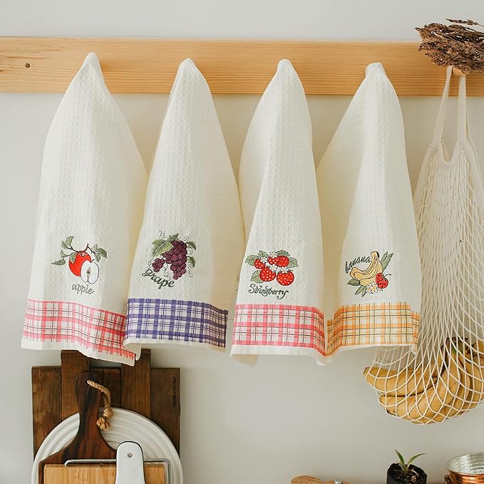 Lavien Home, Dish Towels for Kitchen, Turkish Cotton Waffle Weave Fruits Embroidered Washable Tea Towels with Plaid Housewarming Gift (Set of 4), 16 x 24 inches