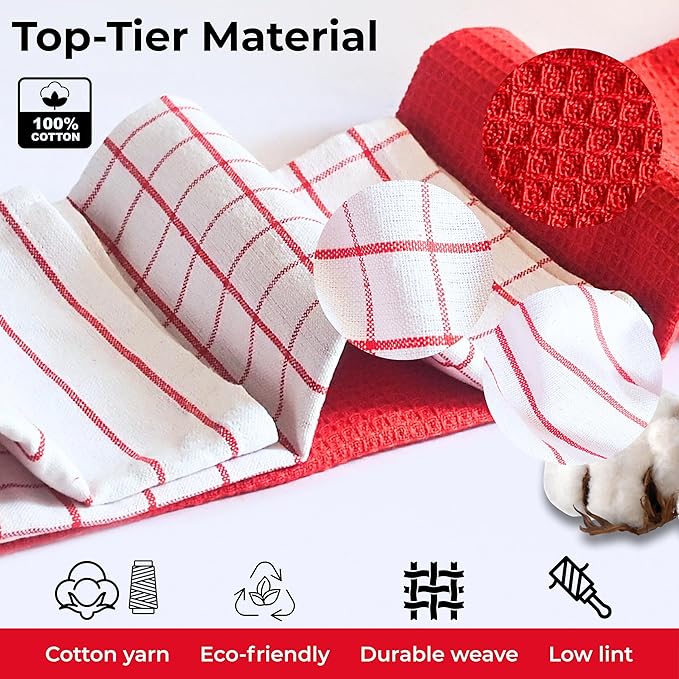 Cotton Dish Towels for Kitchen Drying - Highly Absorbent Wide Red Striped Plaid Tea Towels - 18"X28" Set of 6 Farmhouse Linen Dishtowels in Bulk - Pano De Prato para Cozinha - T Towles Towls