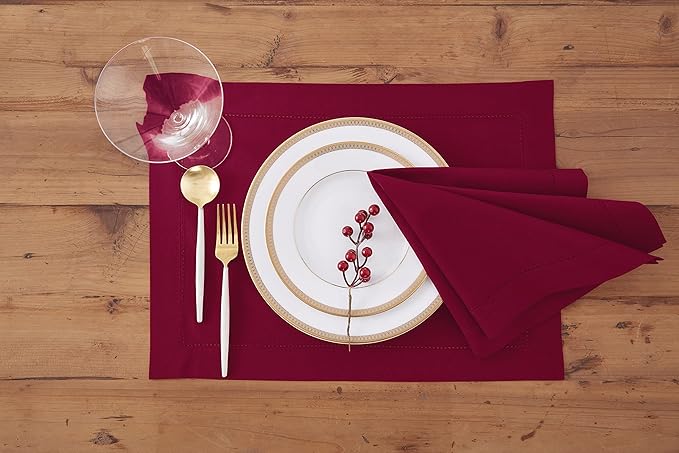 Solino Home Red Napkins Set of 4 - Cotton Linen Hemstitch Dinner Napkins Cloth 20 x 20 Inch for Mothers Day, Memorial Day - Handcrafted and Machine Washable