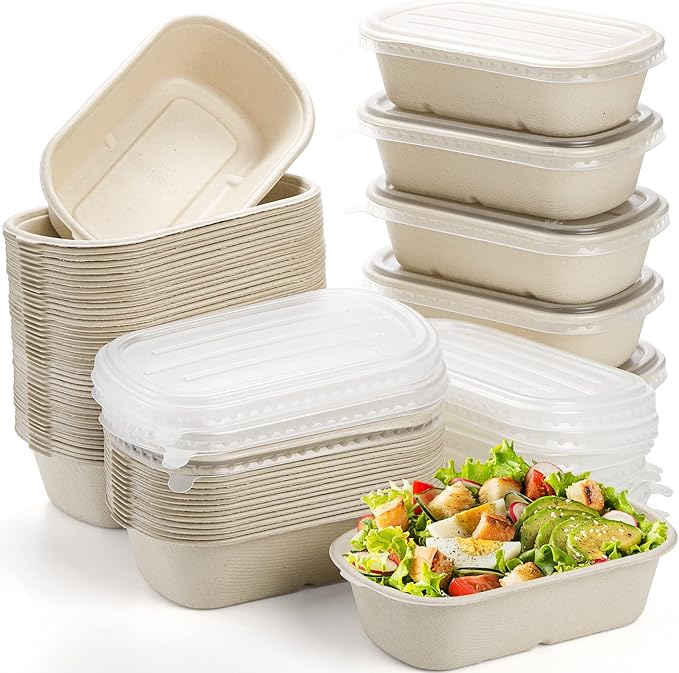 Yesland 70 Pack Compostable Take Out Food Containers with PP Lid, 23 Oz Bagasse to Go Containers Rectangular Disposable Paper Bowls, Biodegradable Meal Prep Food Container for Salad, Leftovers