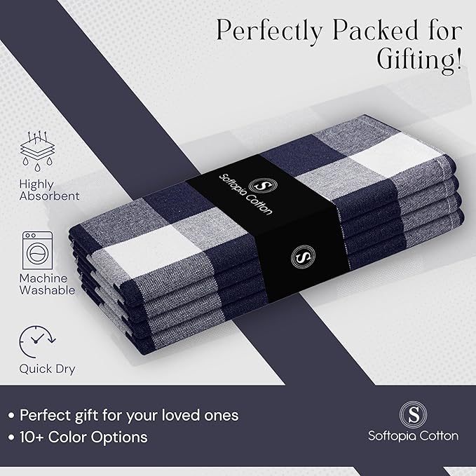 Buffalo Checked Cloth Napkins, 16x16 inch, Washable, Absorbent, Soft, Elegant Table Decorative Napkins for Luncheon, Dinner, Party, Wedding, Everyday Use - Navy White (Set of 4)