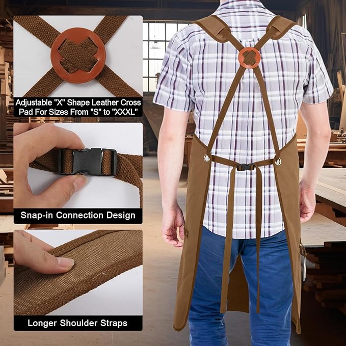 Men's Canvas Tool Apron, Heavy Duty Multi-Pocket Work Apron for Woodworking Gardening Bartender Adjustable Straps