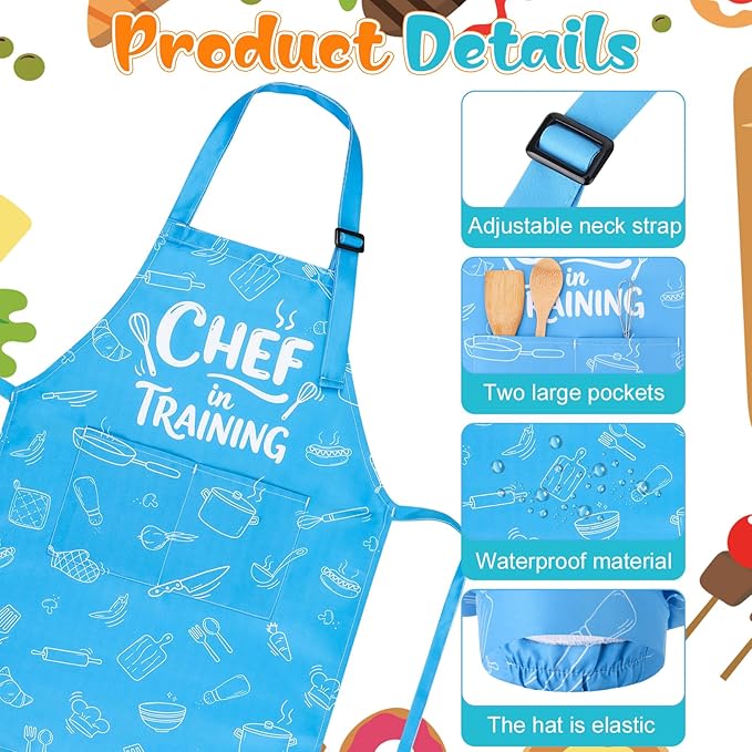 Kids Apron and Chef Hat Set, Funny Apron with 2 Pockets, Adjustable Kids Aprons for Cooking for Boys and Girls