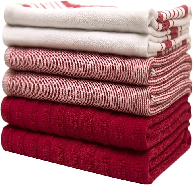 Premium Kitchen Towels (20”x 28”, 6 Pack) | Large Cotton Dish Towels | Flat & Terry Highly Absorbent Kitchen Linen Set with Hanging Loop | Red Striped