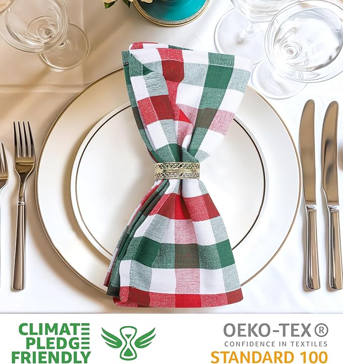 Urban Villa Cloth Napkins Set of 12 20x20 Inches 100% Cotton Napkins Cloth Washable Durable Reusable Absorbent Table Dinner Napkins Cloth for Christmas Hotel Lunch Restaurant Parties -X MAS Checks