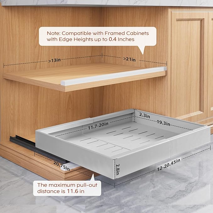 Seinloes 2 Pack Pull Out Cabinet Organizers 21"Deep With Raising Pad for Framed Cabinets,Expandable Slide Out Drawers Upgrade 3 Slide Rails,Roll Out Shelves Adhesive,Adjustable Width 12"-20.45" Silver