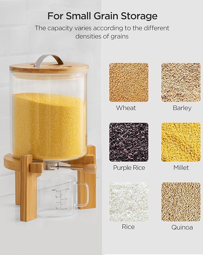 8-10 Lbs Glass Rice Dispenser with Wooden Stand Flour and Cereal Container with Glass Measuring Cup Pantry Food Organization Storage Bin with Airtight Bamboo Lid, 5L